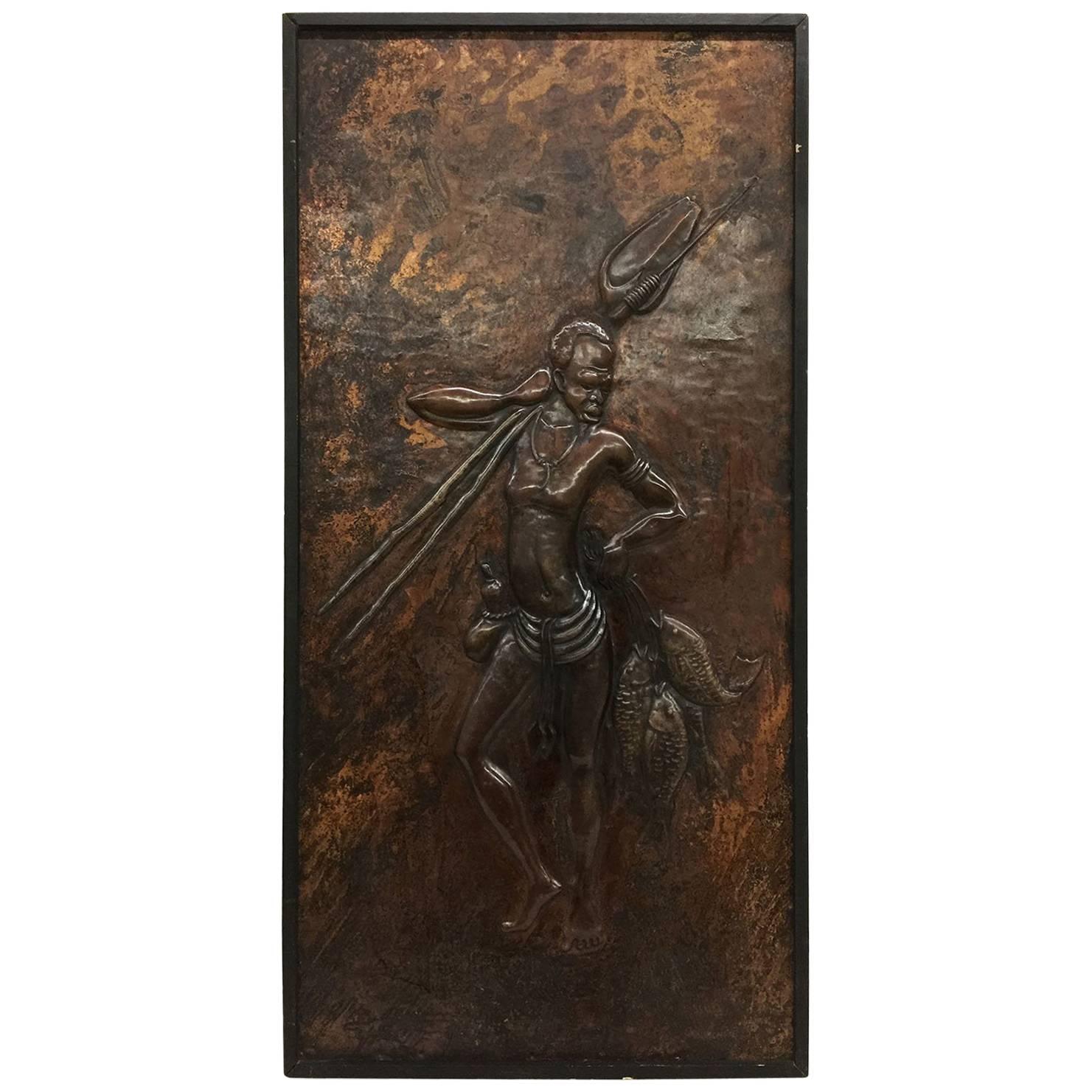 African Art Kongolo, Relief in Brass, 1979