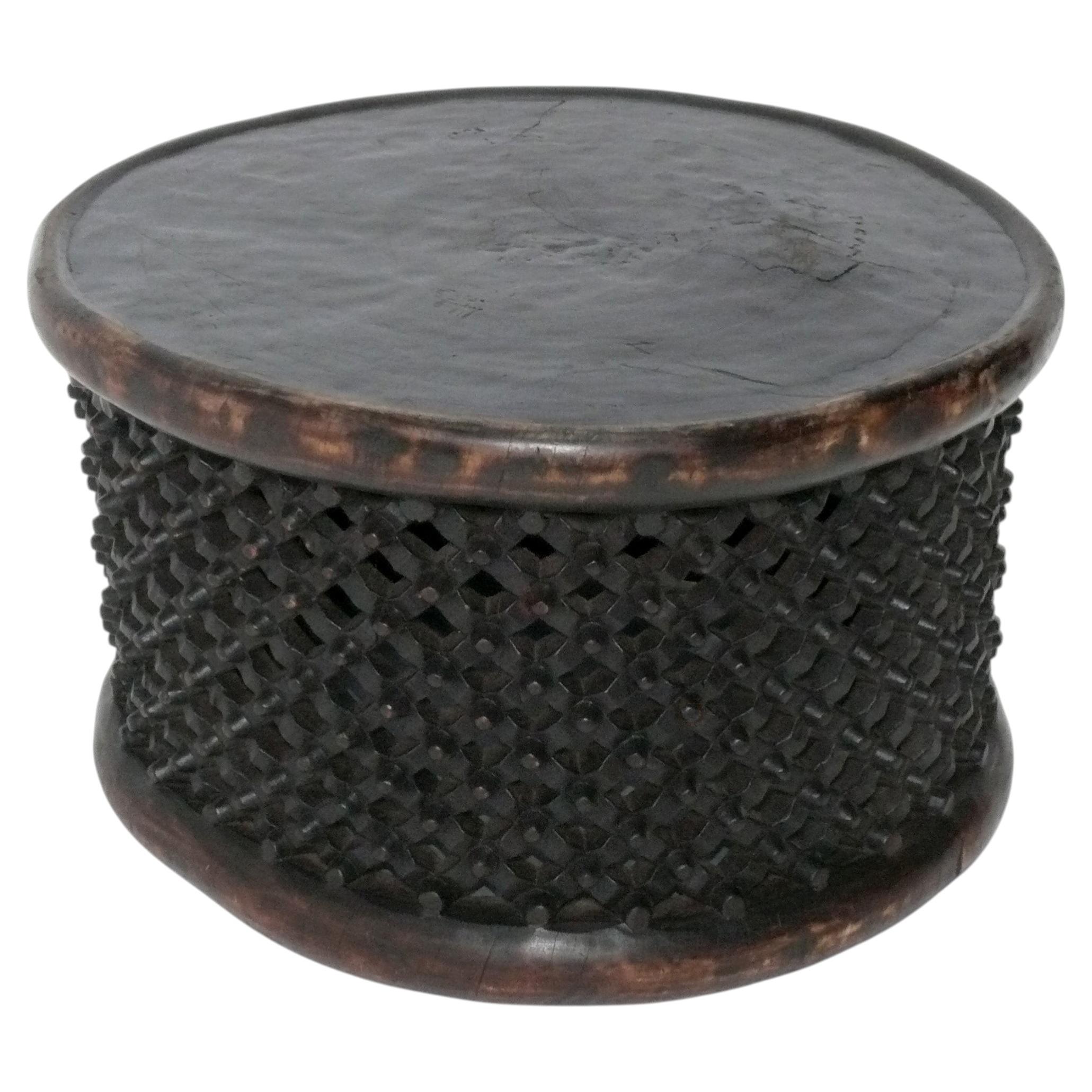 African Bamileke Coffee Table Handcarved Textural Design Tribal Boho Mid Century For Sale