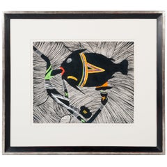 African Bantu Art, Expressive, Surrealistic Gouache by Marcel Gotène 1980s