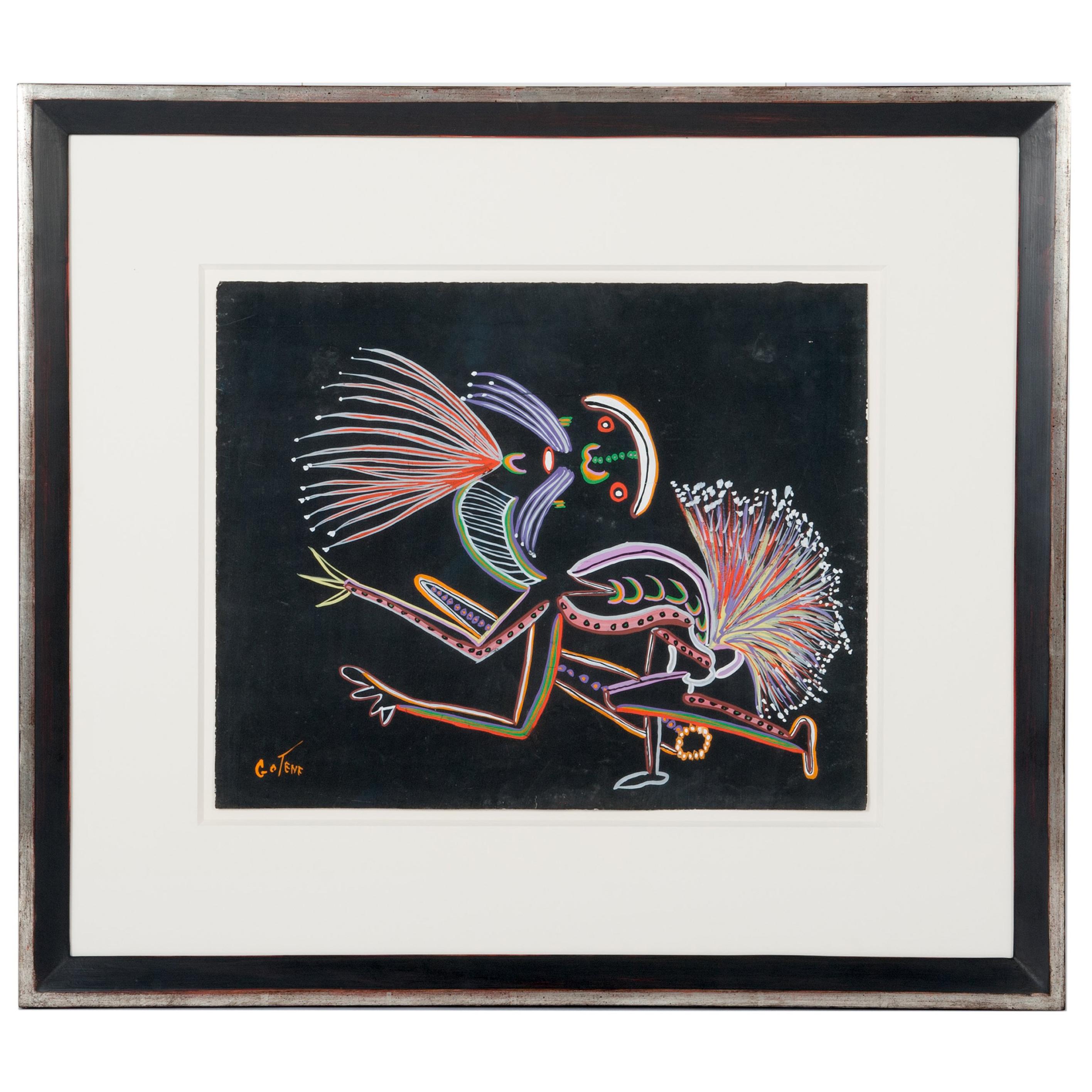 African Bantu Art, Expressive, Surrealistic Gouache by Marcel Gotène For Sale