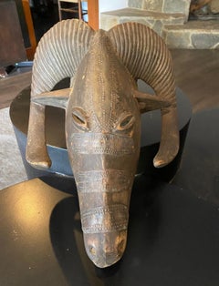 African Baule Ivory Coast Folk Art Wood Carved Aries Fertility Ram Mask