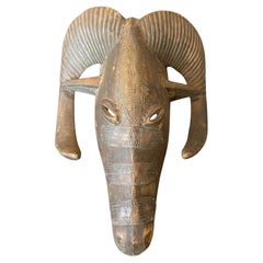 African Baule Ivory Coast Folk Art Wood Carved Aries Fertility Ram Mask