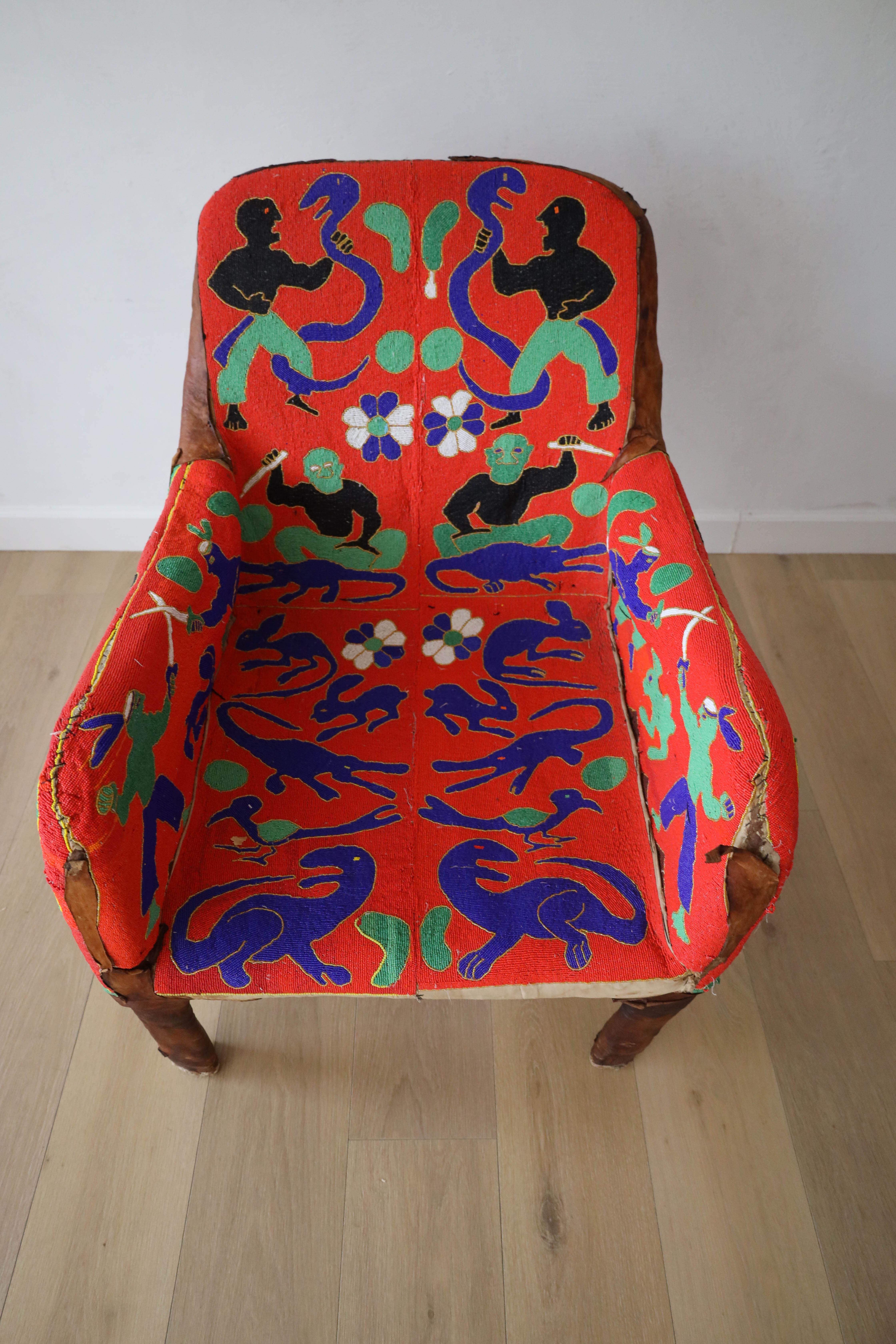 African Beaded Yoruba Chair, 20th Century In Fair Condition For Sale In Dallas, TX