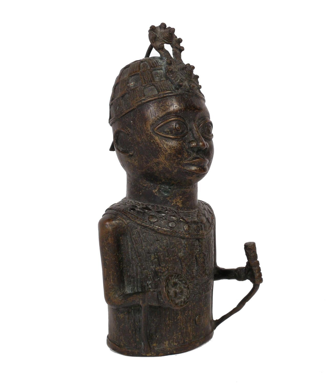 African Benin Bronze Sculpture, Africa, circa mid 20th Century. Beautiful casting with wonderful attention to detail. Solid, heavyweight construction with warm original patina.