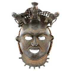 African Benin People Bronze Wall Mask With Figures