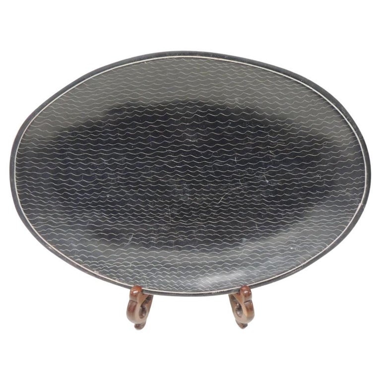 African Besmo Soapstone Black and White Oval Decorative Tray For Sale