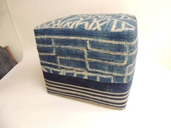 African Blue and Natural Vintage Ndop Textile Upholstered Square Ottoman