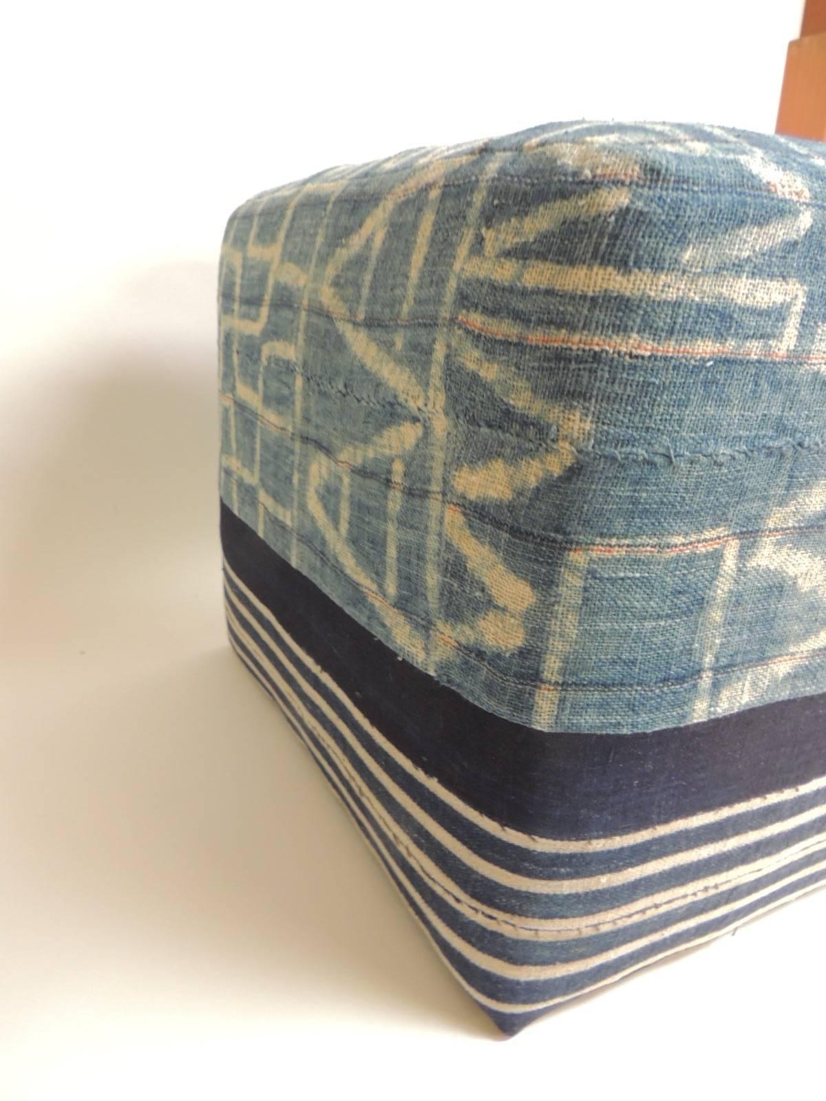 Tribal African Blue and Natural Vintage Ndop Textile Ottoman