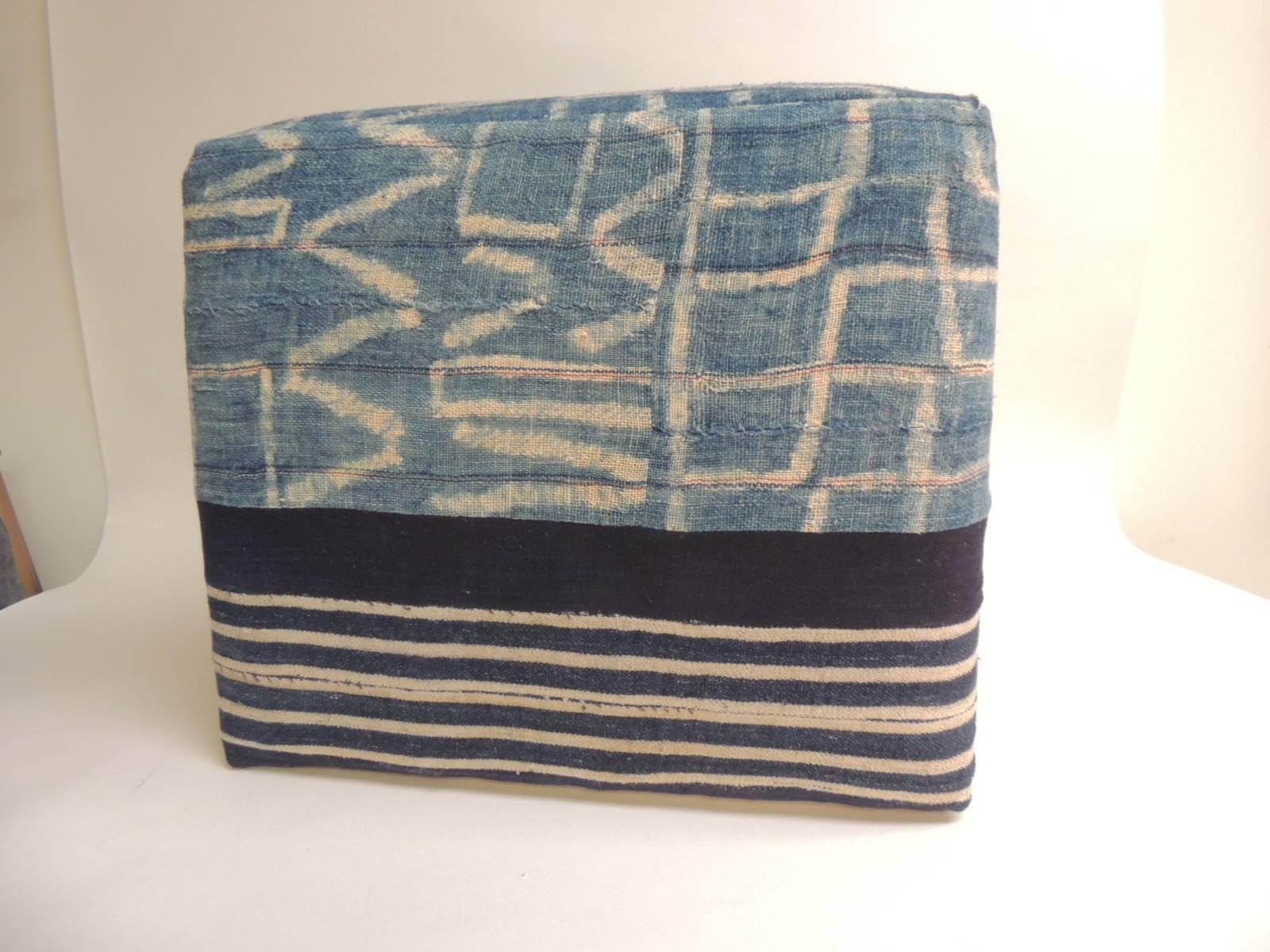 Cameroonian African Blue and Natural Vintage Ndop Textile Ottoman