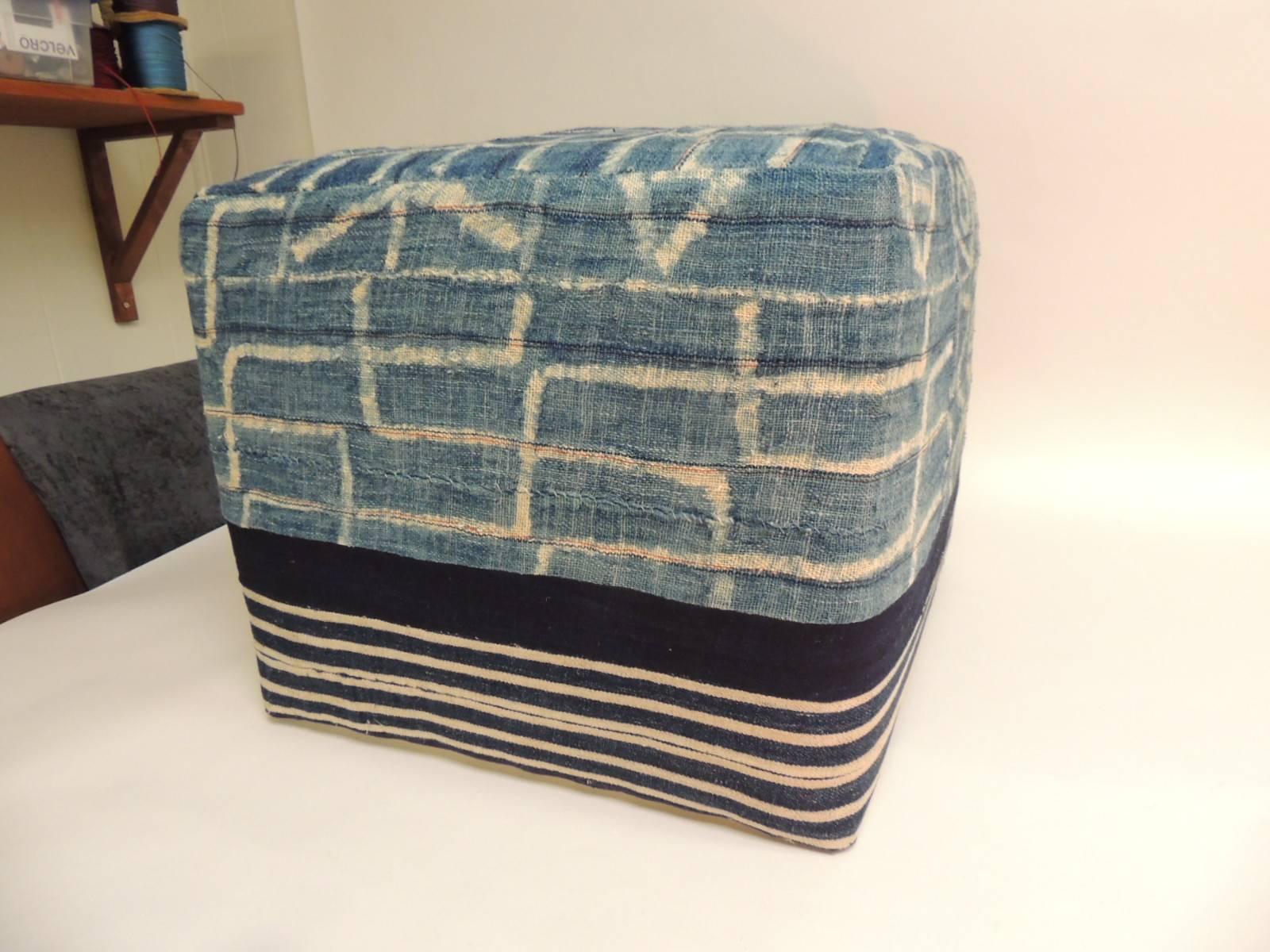 Hand-Crafted African Blue and Natural Vintage Ndop Textile Ottoman