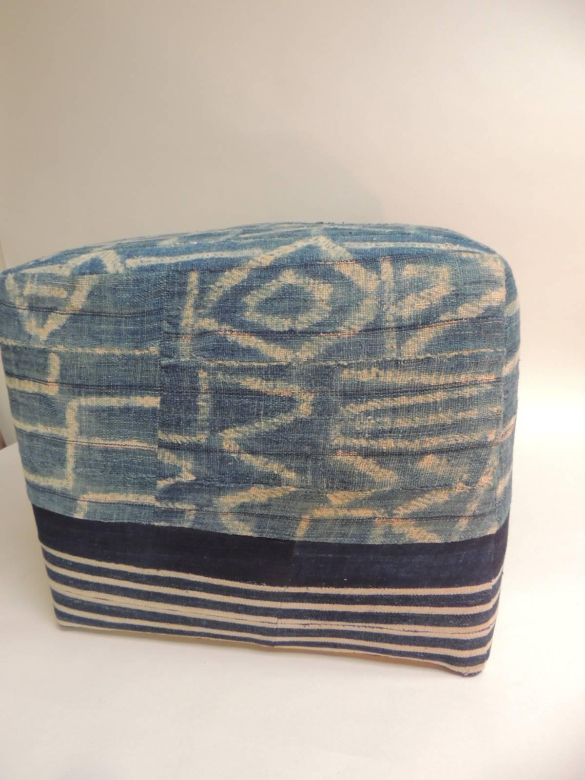 African Blue and Natural Vintage Ndop Textile Ottoman In Good Condition In Oakland Park, FL
