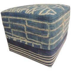 African Blue and Natural Vintage Ndop Textile Upholstered Square Ottoman