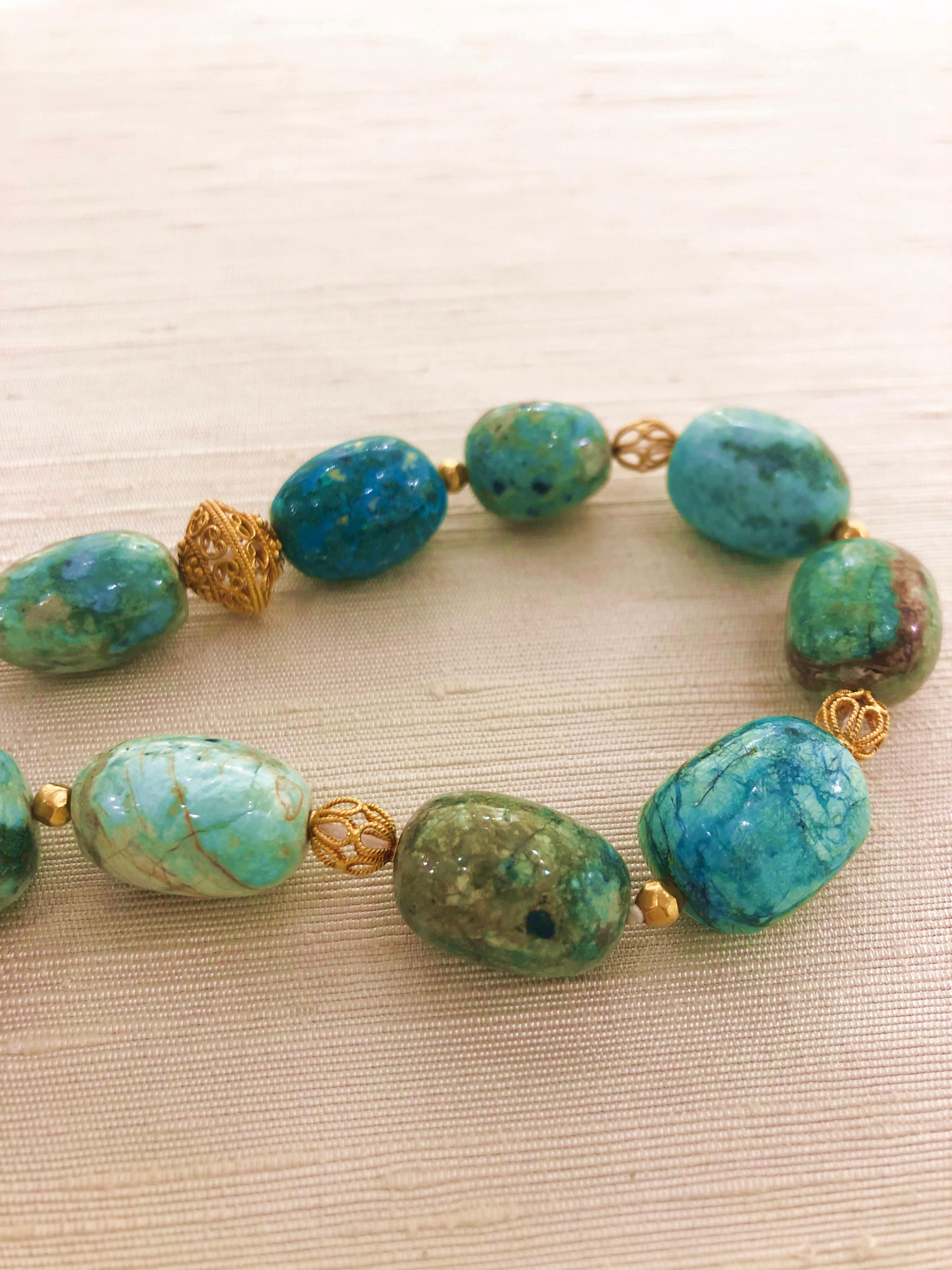 African Blue Opal and 18 Karat Gold Bead Necklace In New Condition In Central, HK