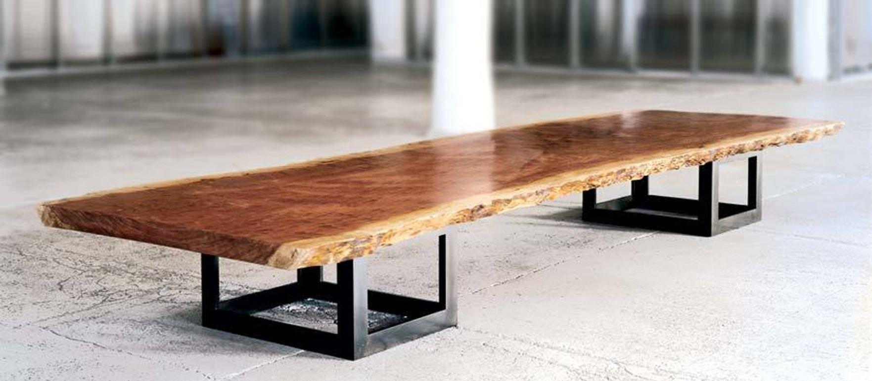 African bubinga with blackened steel base low table/bench.