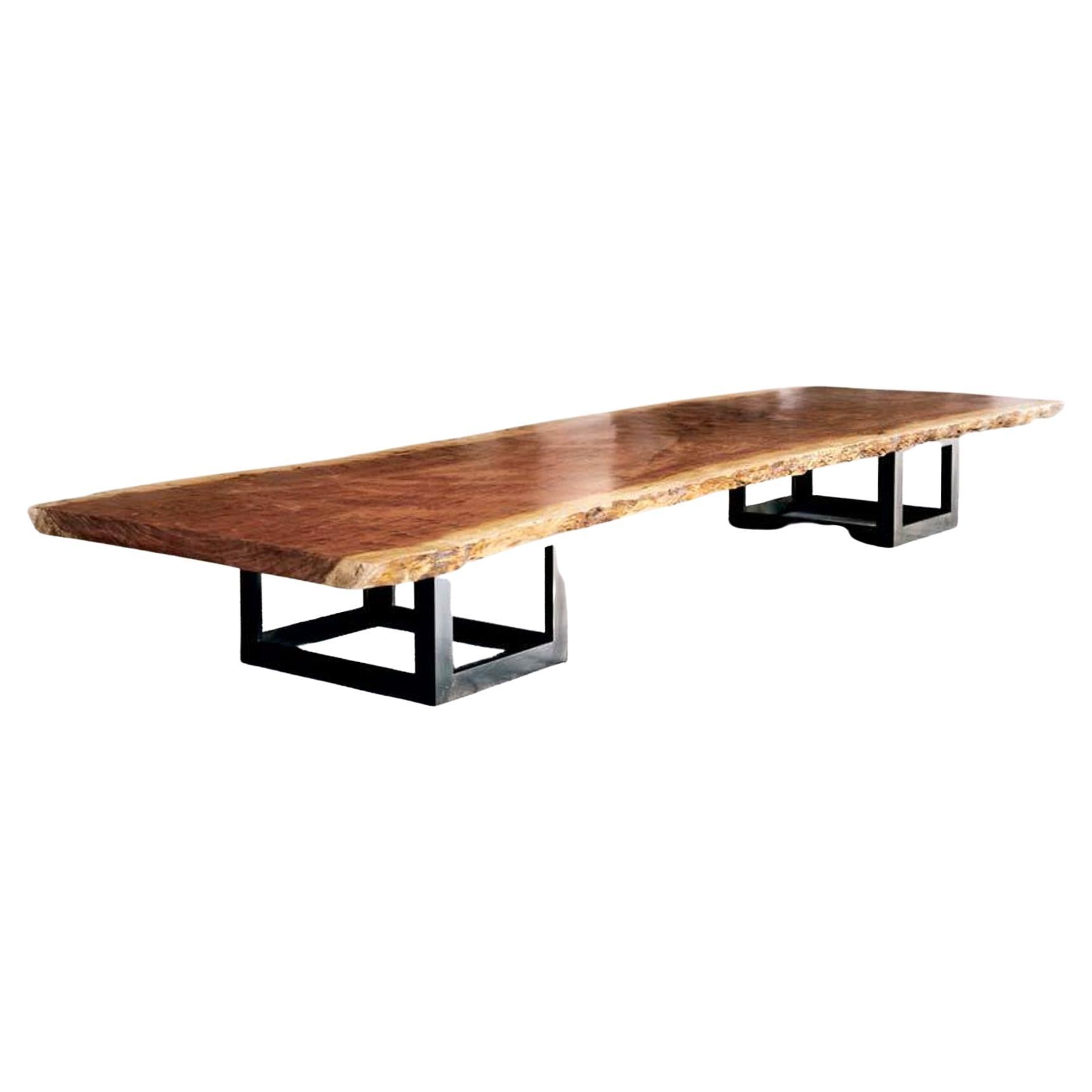 Organic Live Edge African Bubinga Bench/Low Table with Blackened Steel Base For Sale