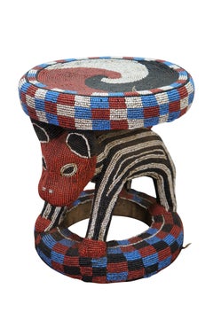 African Cameroon Bamileke Tribal Beaded Zoomorphic Side Table Stool 16"