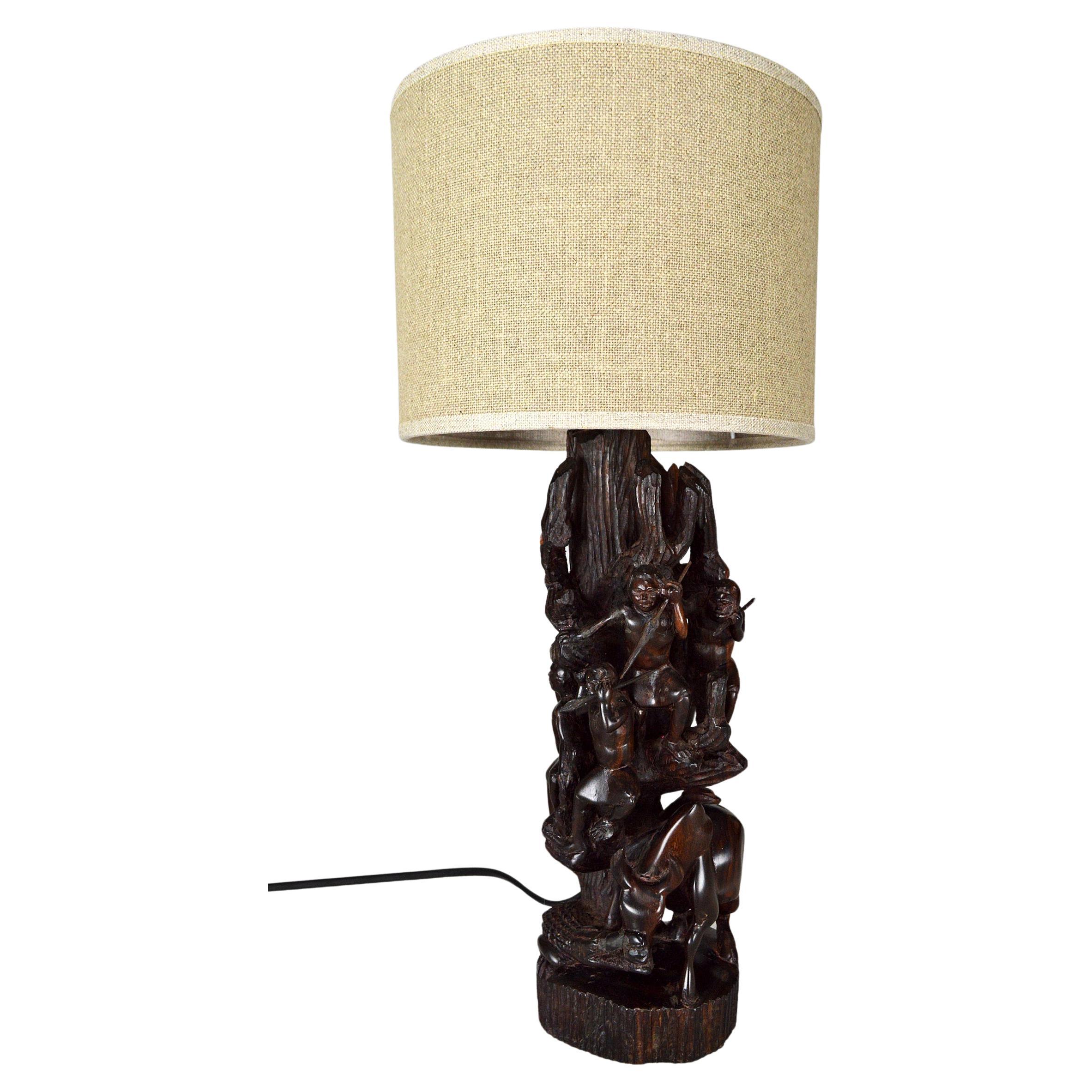 African Carved Ebony Lamp For Sale