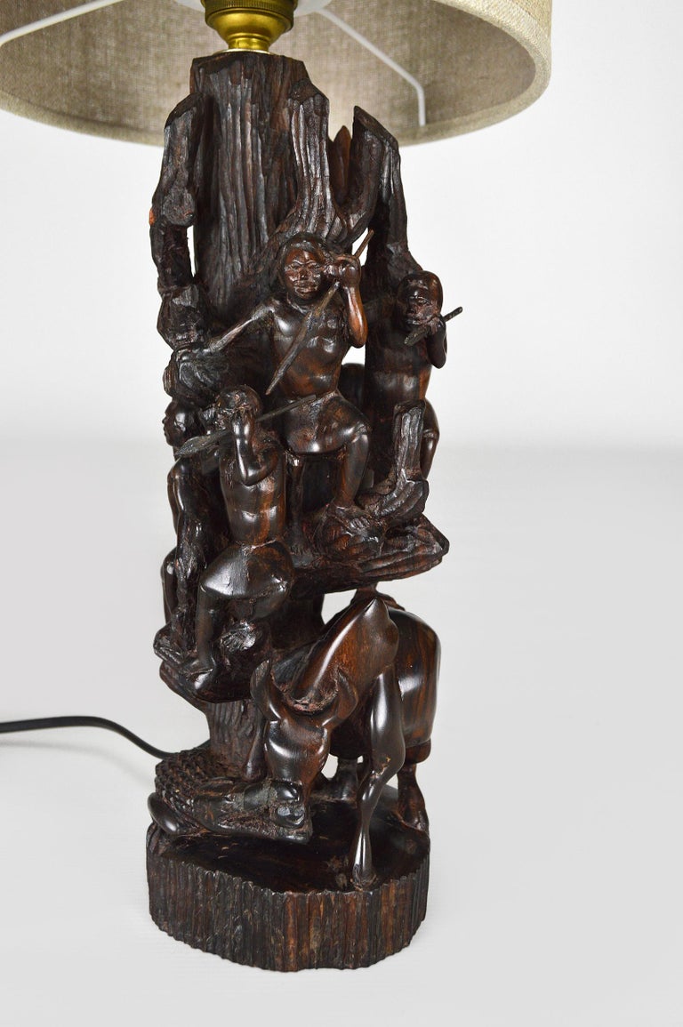 African Carved Ebony Wood Sculpture / Lamp, "Hunters, Buffalo and