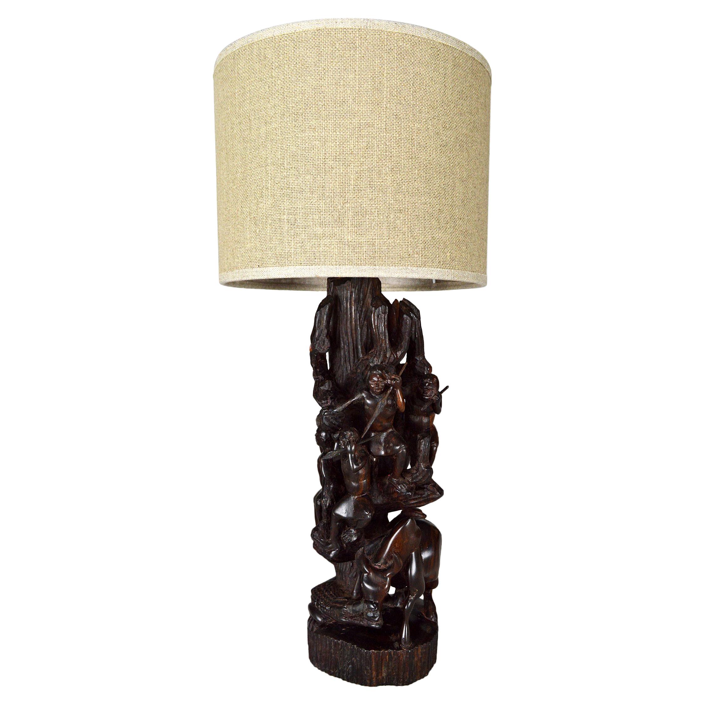 African Carved Ebony Wood Sculpture / Lamp, "Hunters, Buffalo and Crocodile" For Sale