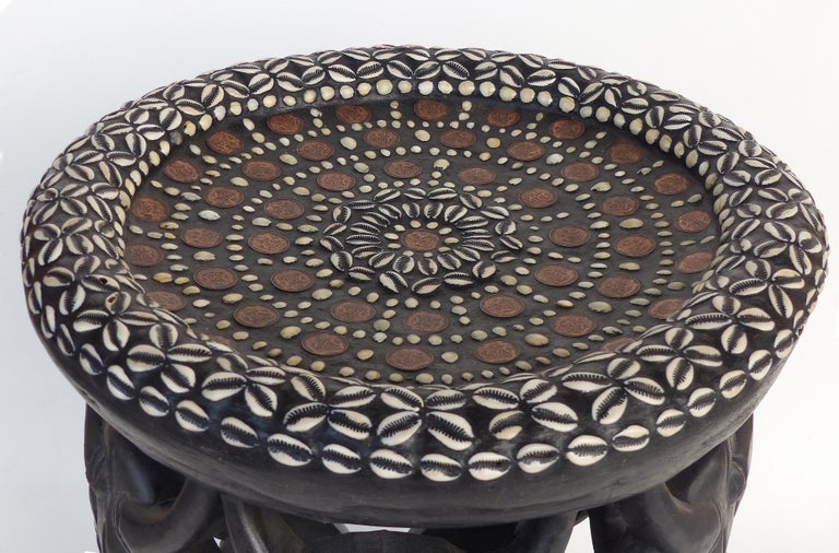 African Carved Side Table from Nigeria Embellished with Shells and