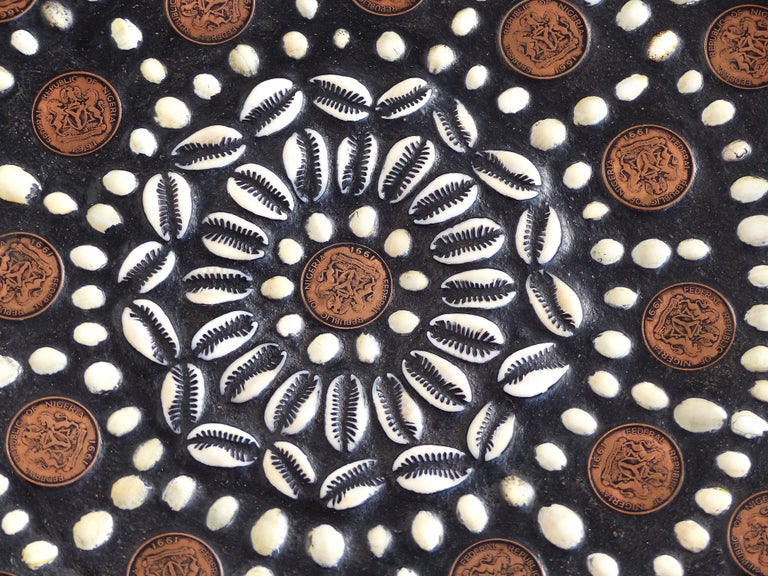 African Carved Side Table from Nigeria Embellished with Shells and