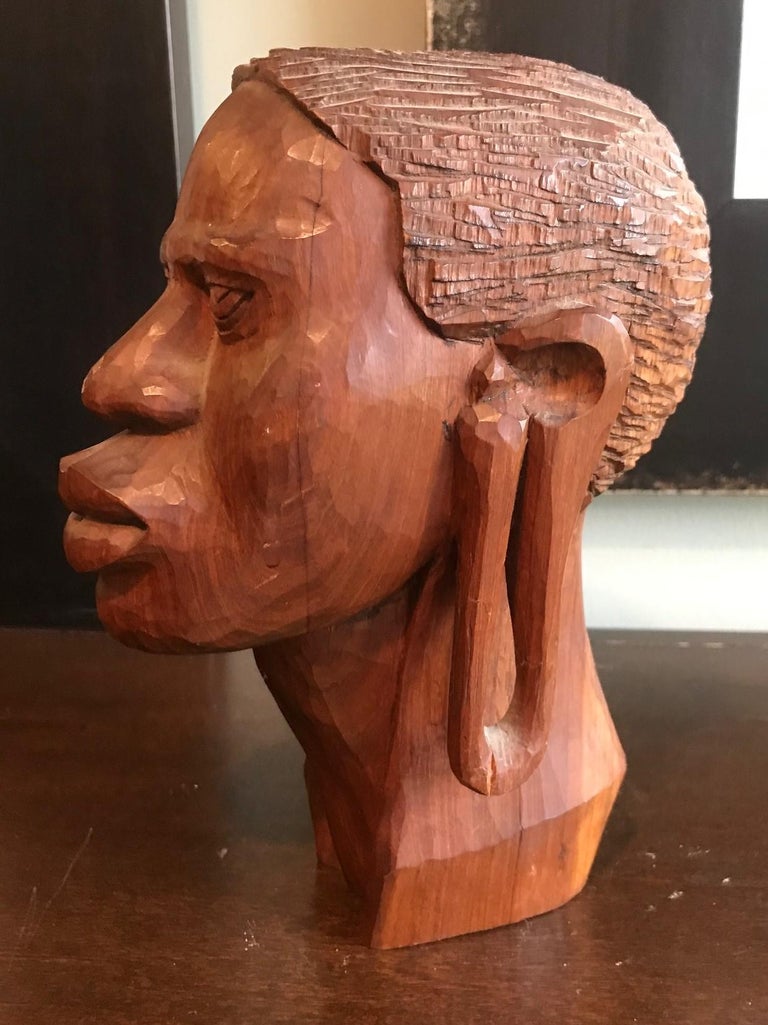 African Hand Carved Wood Head Bust Sculpture For Sale at 1stDibs