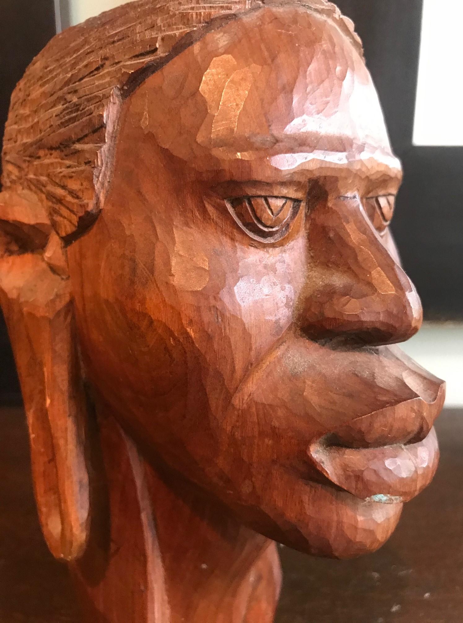 Hand-Carved African Hand Carved Wood Head Bust Sculpture For Sale