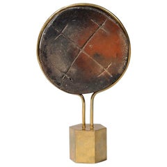 African Carved Wood Lip Disc on Brass Stand