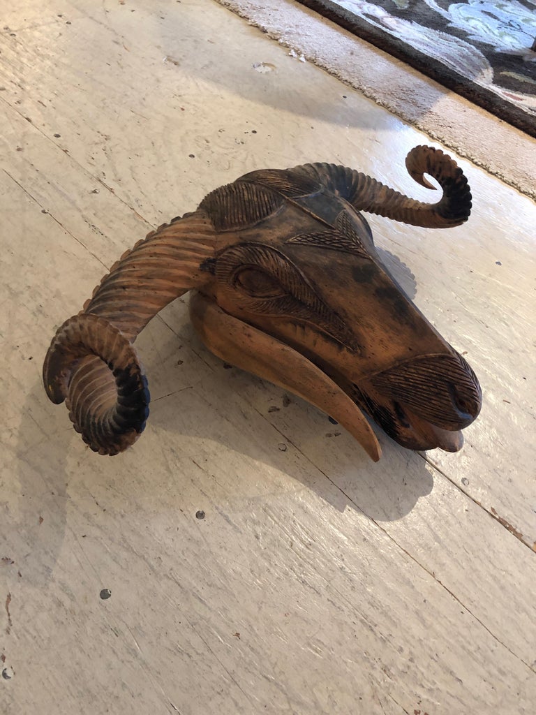 African Carved Wood Ram''s Head Mask Wall Sculpture at 1stDibs