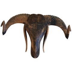 African Carved Wood Ram's Head Mask Wall Sculpture