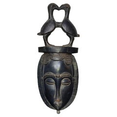 African Carved Wood Yaure Baule Guro Tribes Mask with Two Birds, Ivory Coast