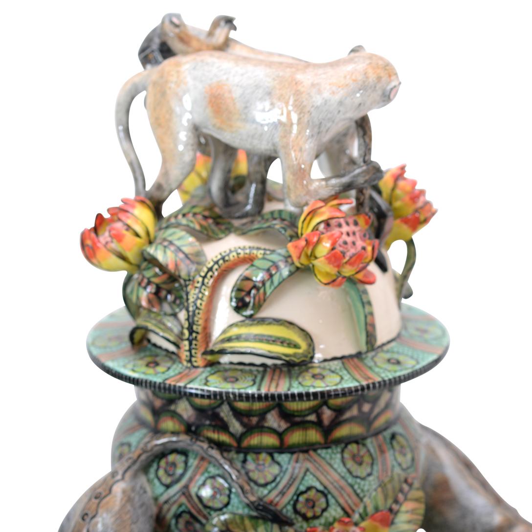 African Ceramic Monkey Urn by Ardmore In Excellent Condition For Sale In North Miami, FL
