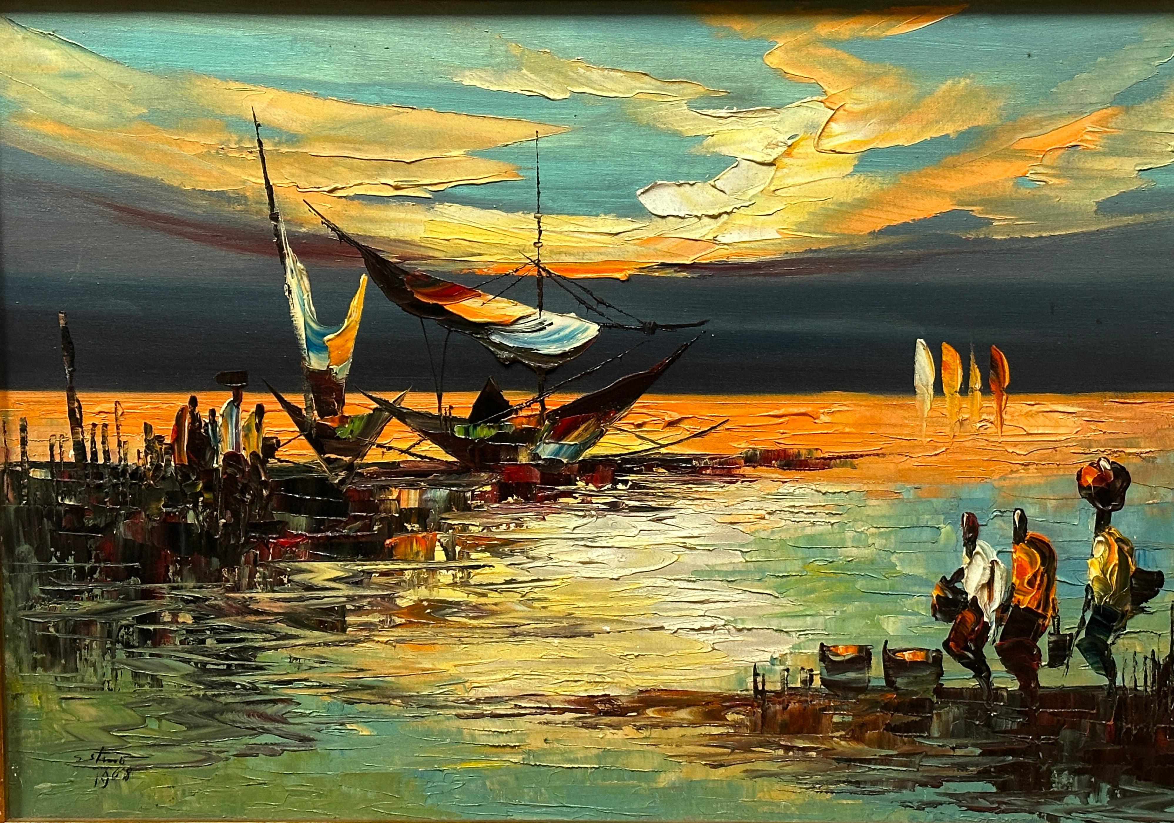 Knife painting involves using a palette knife instead of a brush to apply the paint, as in the case of this oil painting. In the context of a seascape at sunset, this technique adds texture and lends an expressive quality to what might be considered