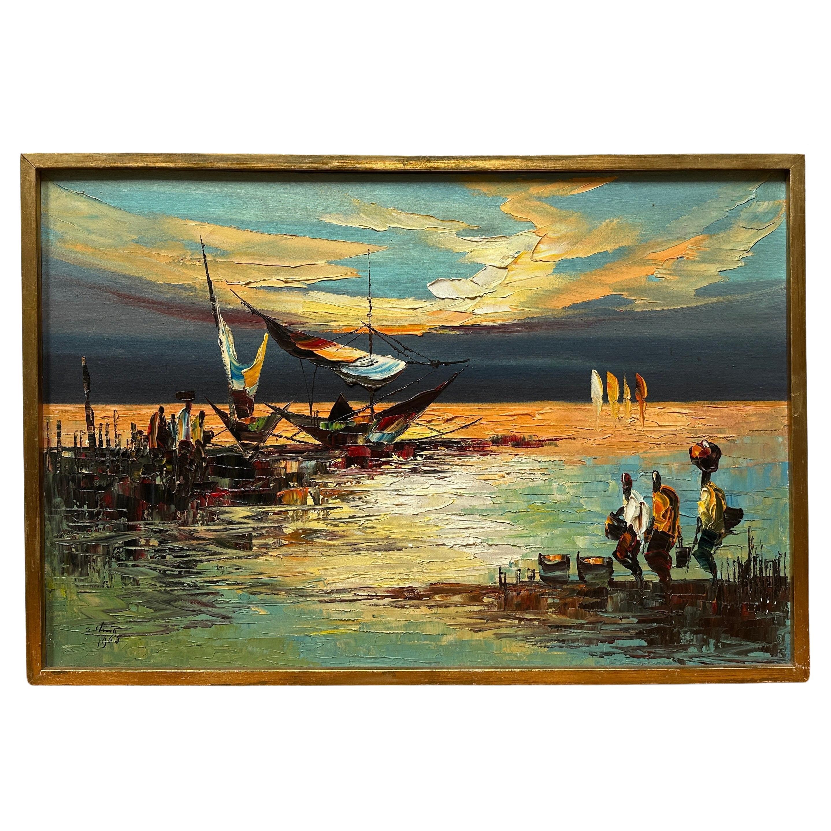 "Scène côtière africaine" Peinture à l'huile de paysage expressionniste sur toile en vente