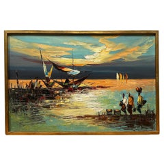 Vintage "African Coastal Scene" Expressionist Landscape Oil Painting on Canvas