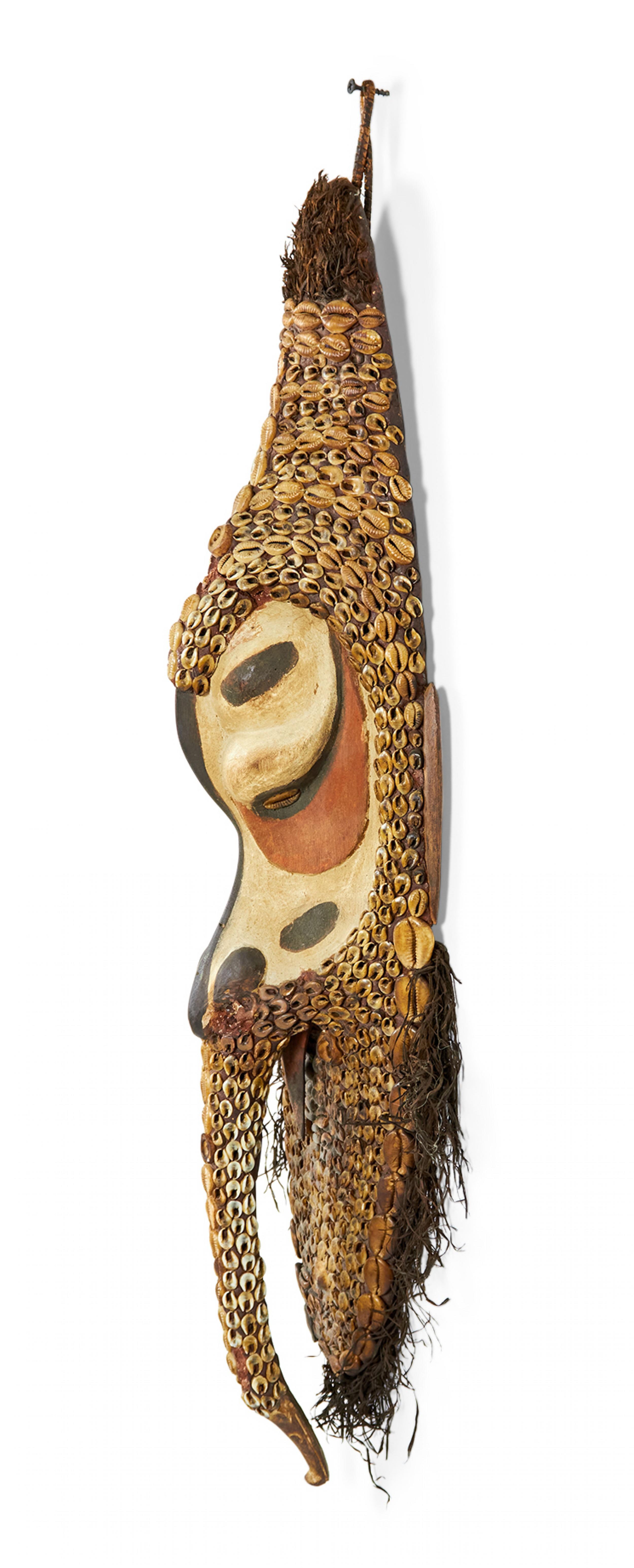 Tribal African Cowrie Shell and Root Fiber Beaked Mask For Sale