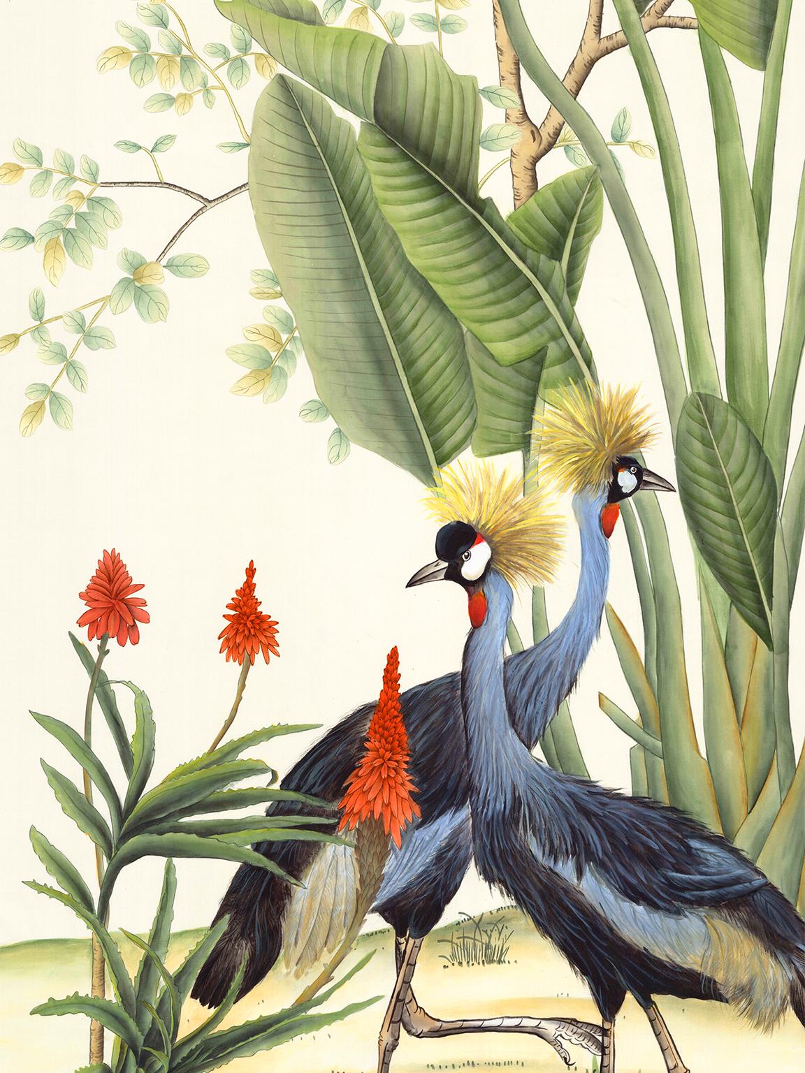 African Cranes is a unique, modern twist on traditional Chinoiserie wallpaper. African Cranes congregate in this subtropical, west-African landscape. This set includes 5 panels measuring 36