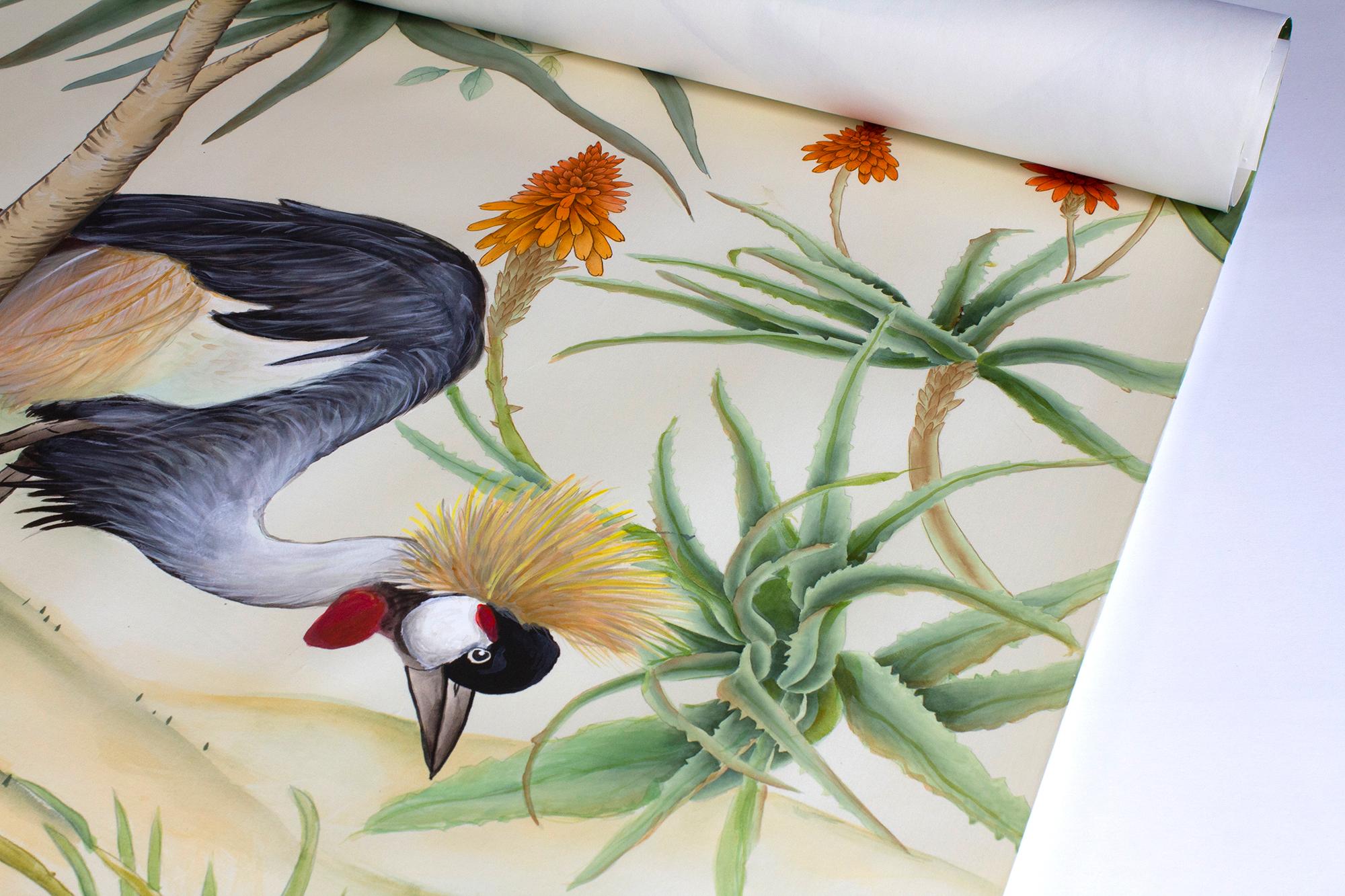 Hand-Painted African Cranes Chinoiserie Mural