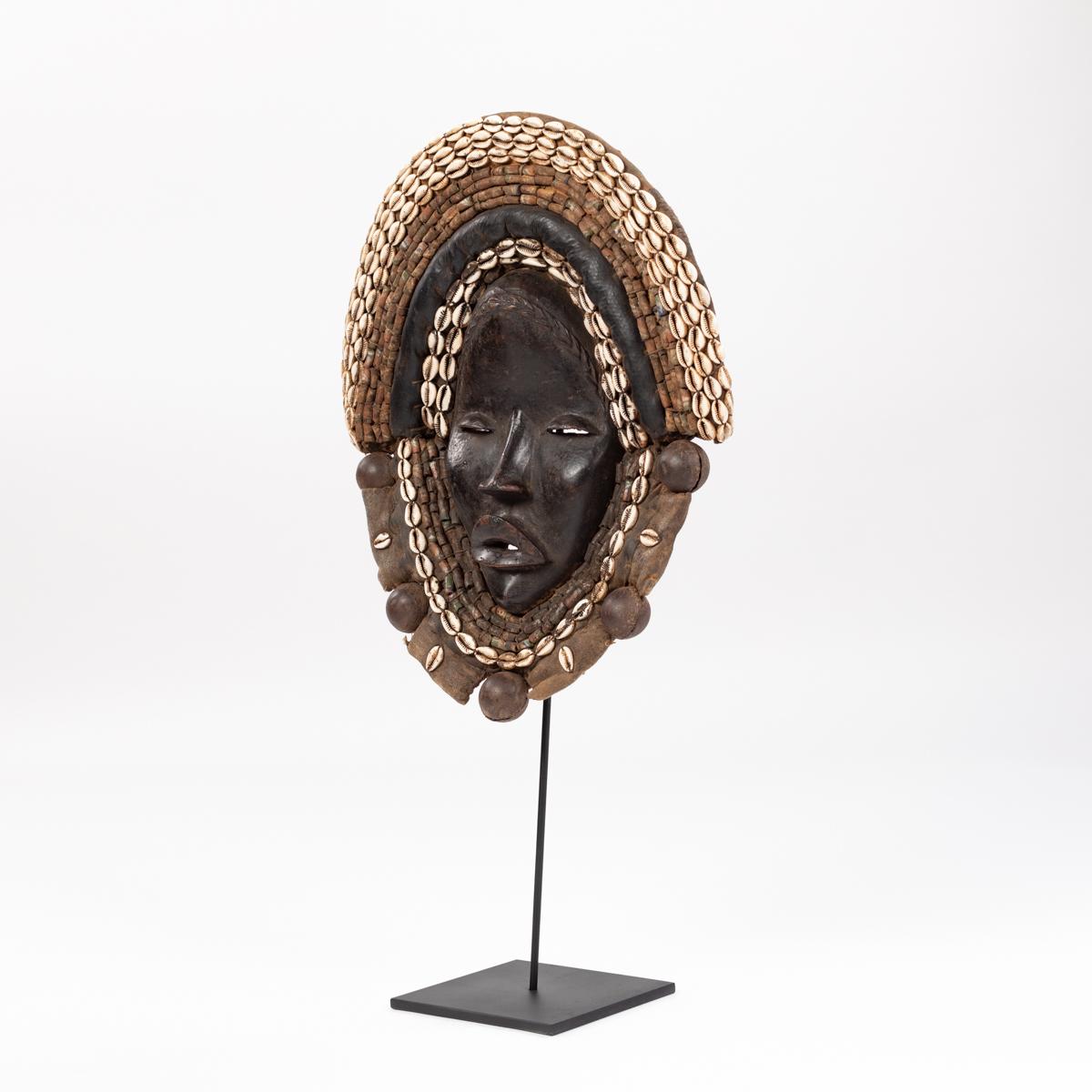 Ceramic African Dan Yakuba Guard Mask Small Shells and Bells from the Ivory Coast 1970s For Sale
