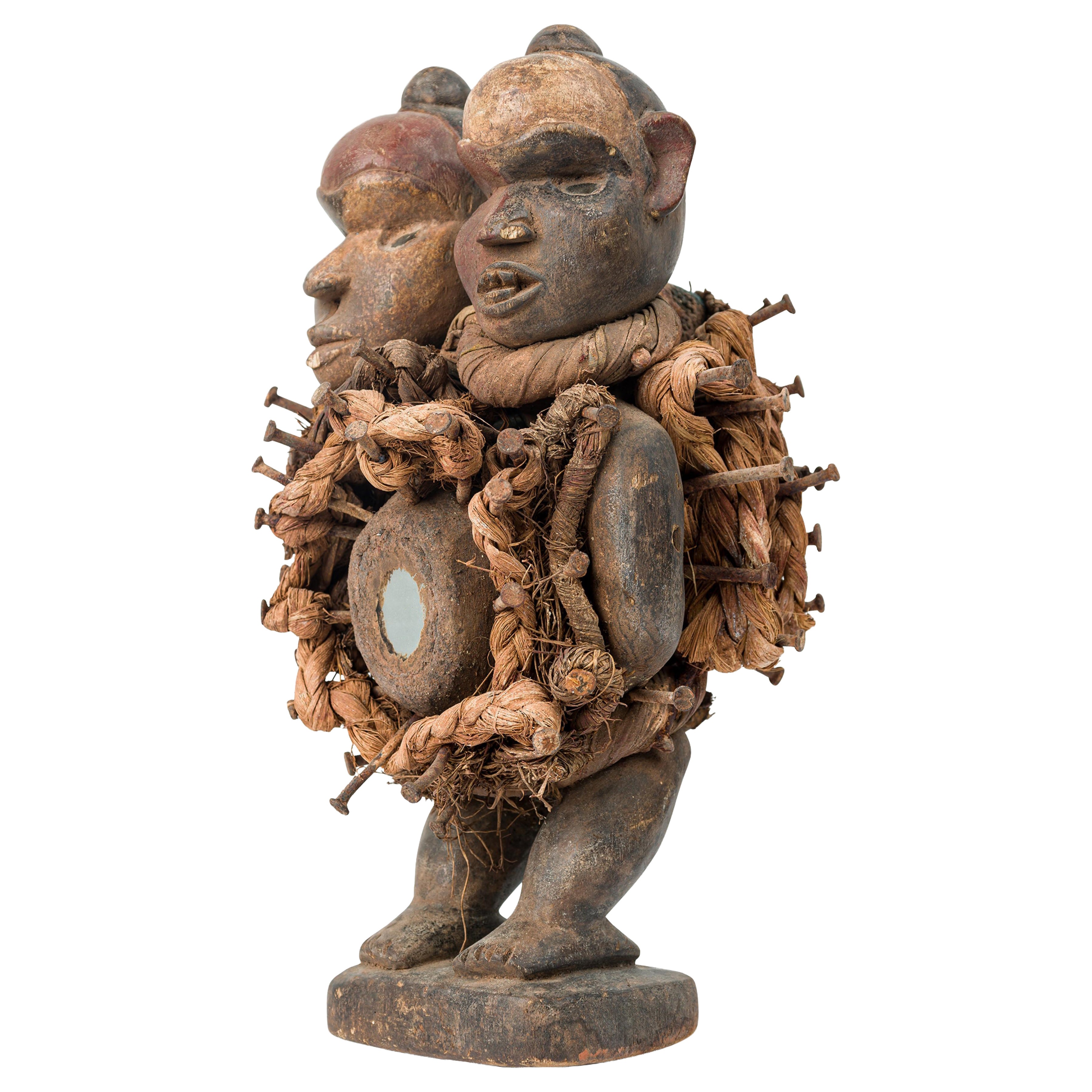 African D.R. Congo 20th Century Carved Wood 
Mirror Nkisi Nail Fetish Figure