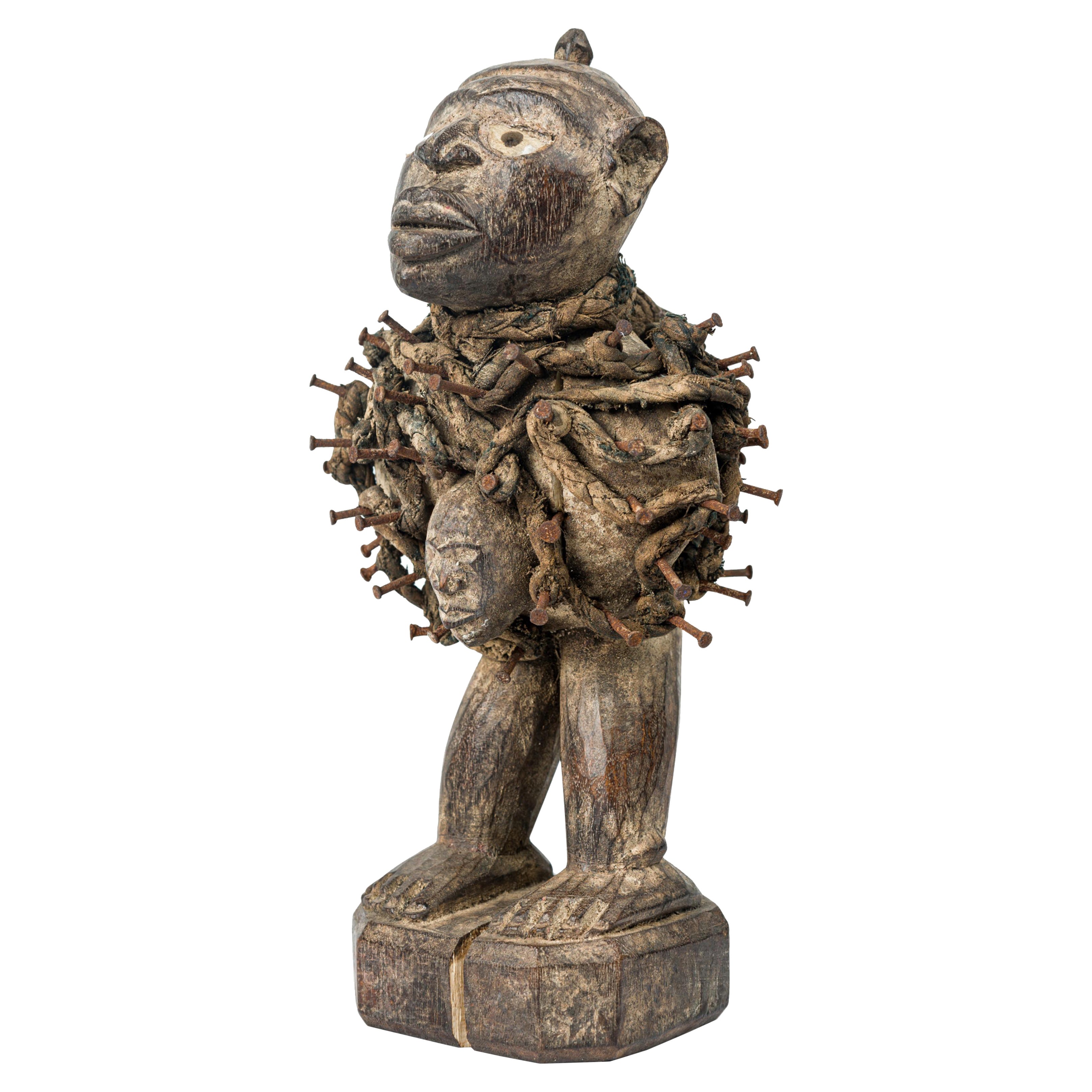 African D.R. Congo 20th Century Carved Wood Nkisi Male Nail Fetish Figure