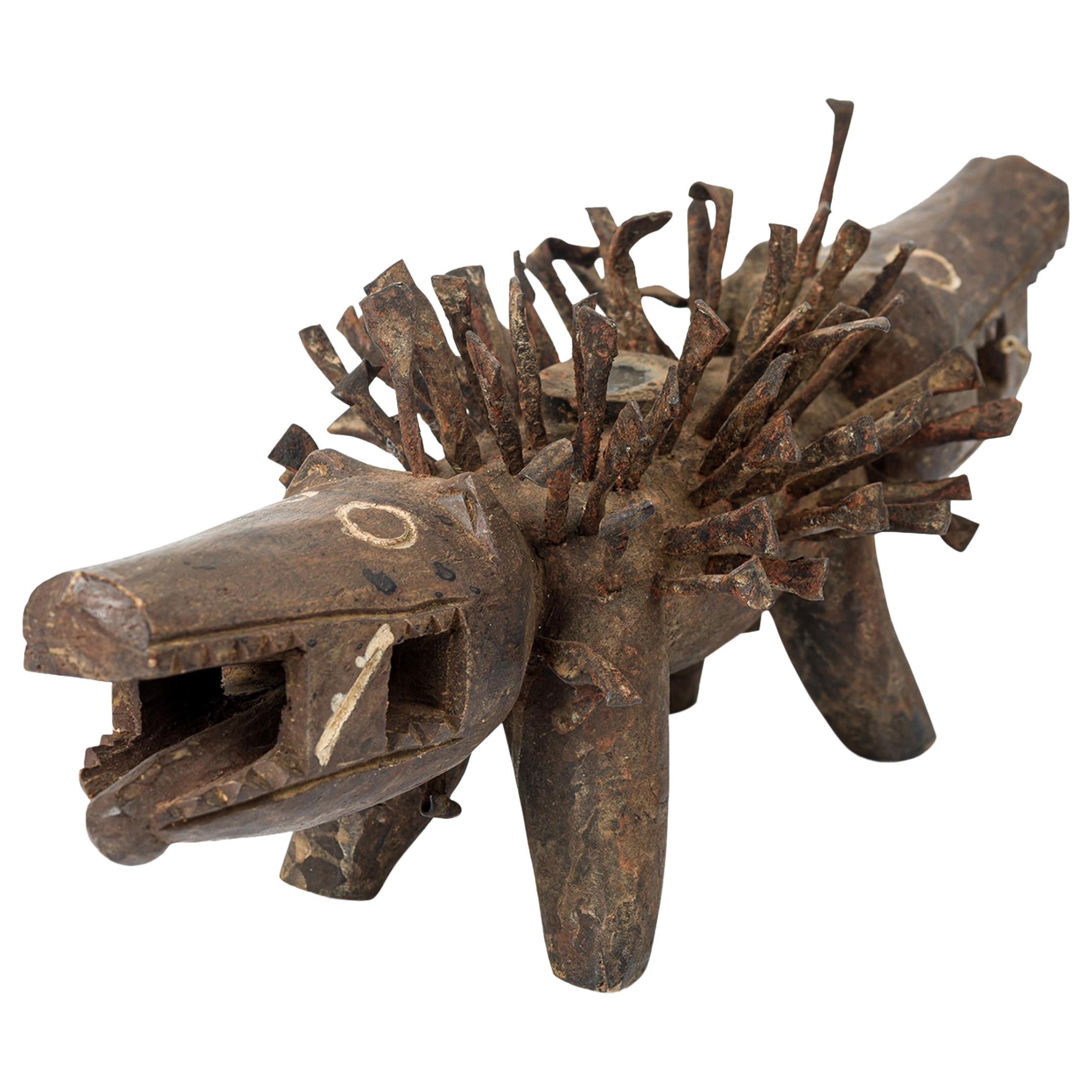 African D.R. Congo 20th Century Nkisi Koso 2-Headed Dog Nail Fetish Figure