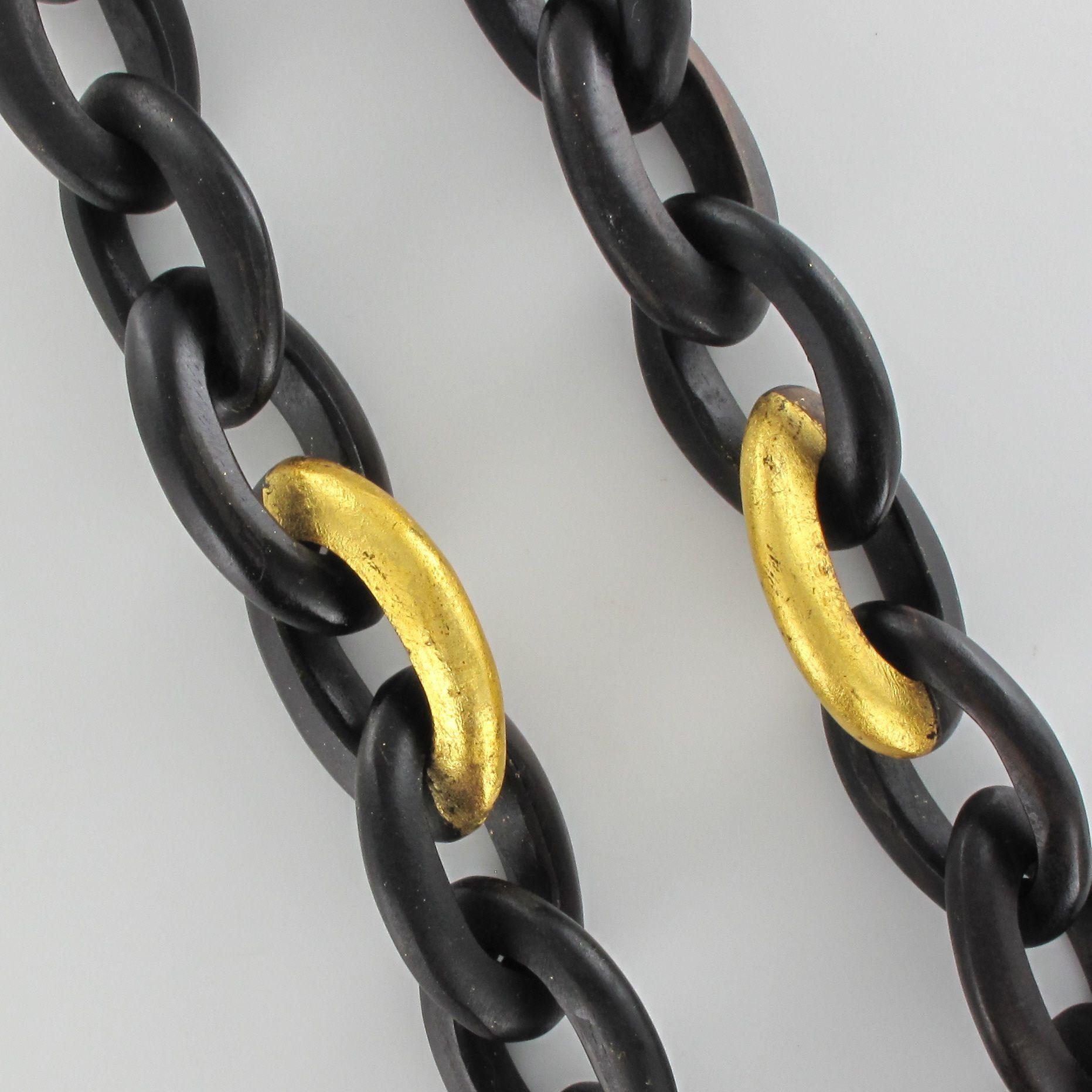 Contemporary African Ebony Gold Leaf Chain Link Long Necklace