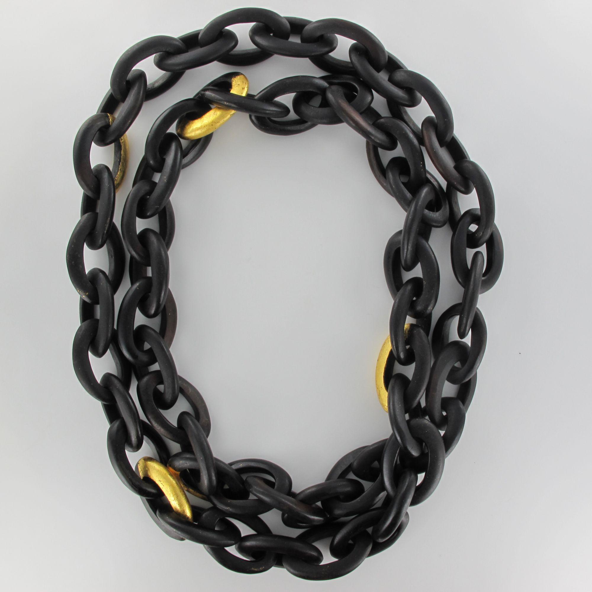 African Ebony Gold Leaf Chain Link Long Necklace 1