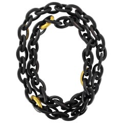 African Ebony Gold Leaf Chain Link Long Necklace