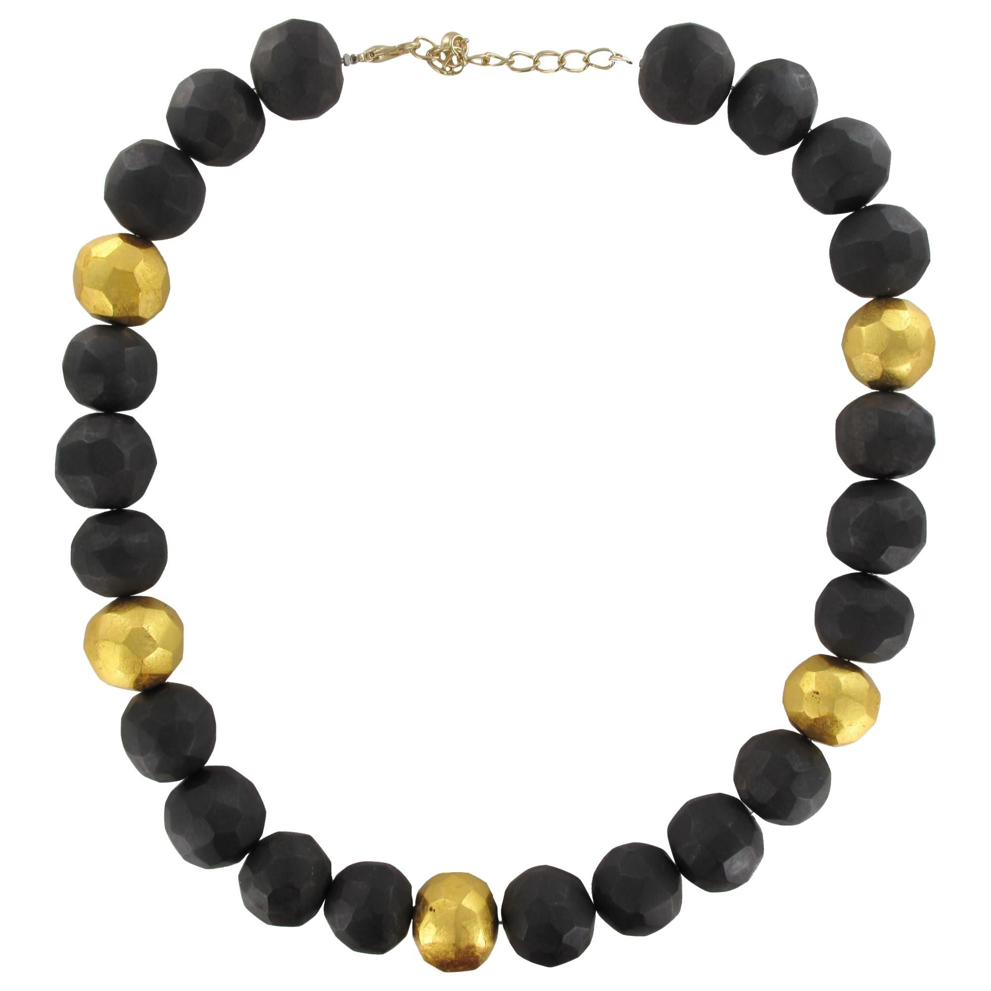 African Ebony Gold Leaf Faceted Pearl Necklace