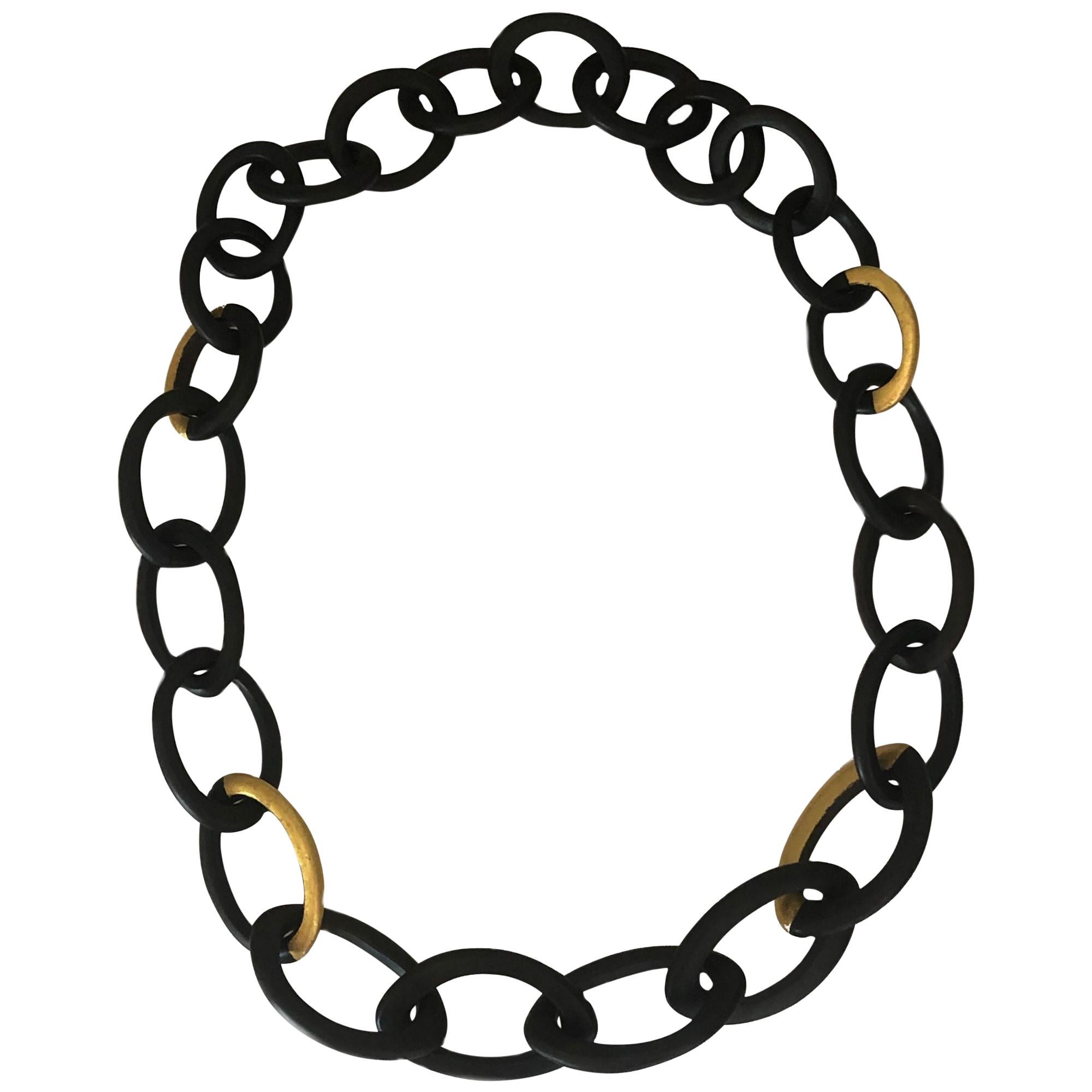 African Ebony Gold Leaf Oval Mesh Long Necklace