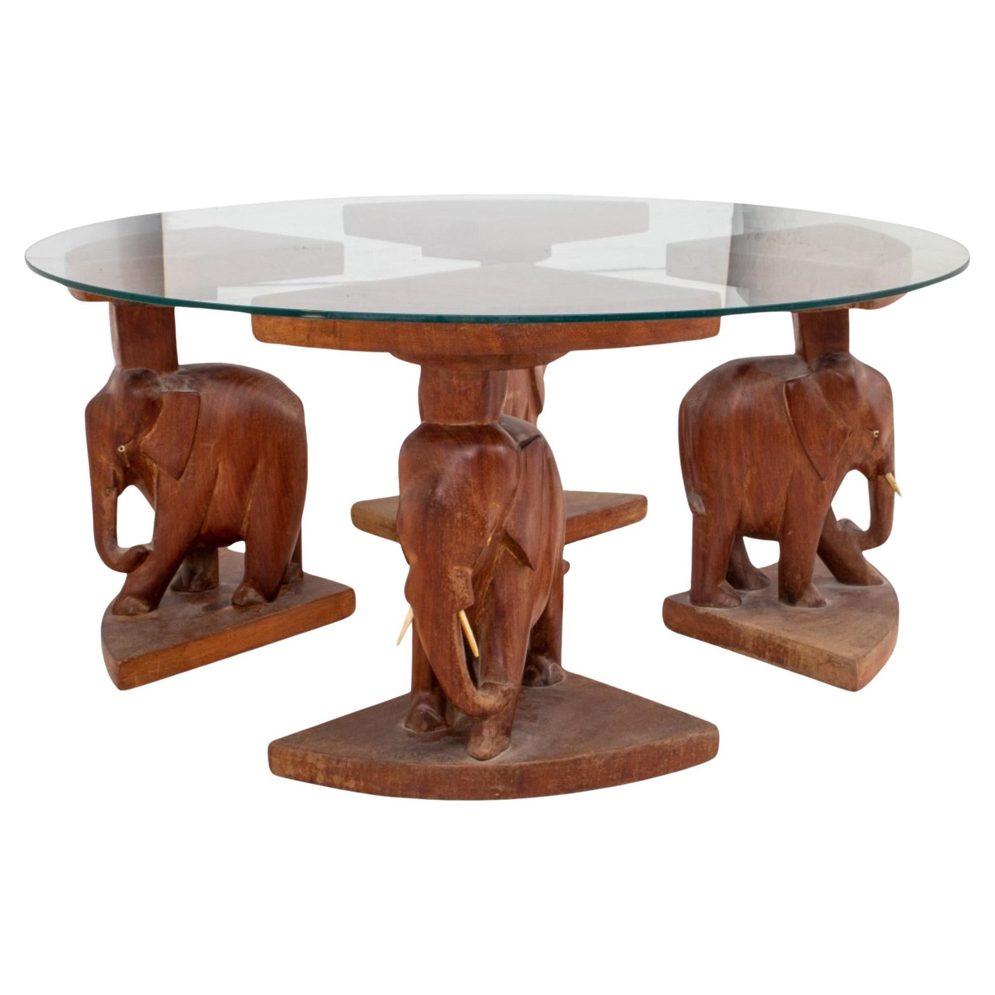 African Elephant Carved Wood Low Table / Glass Top