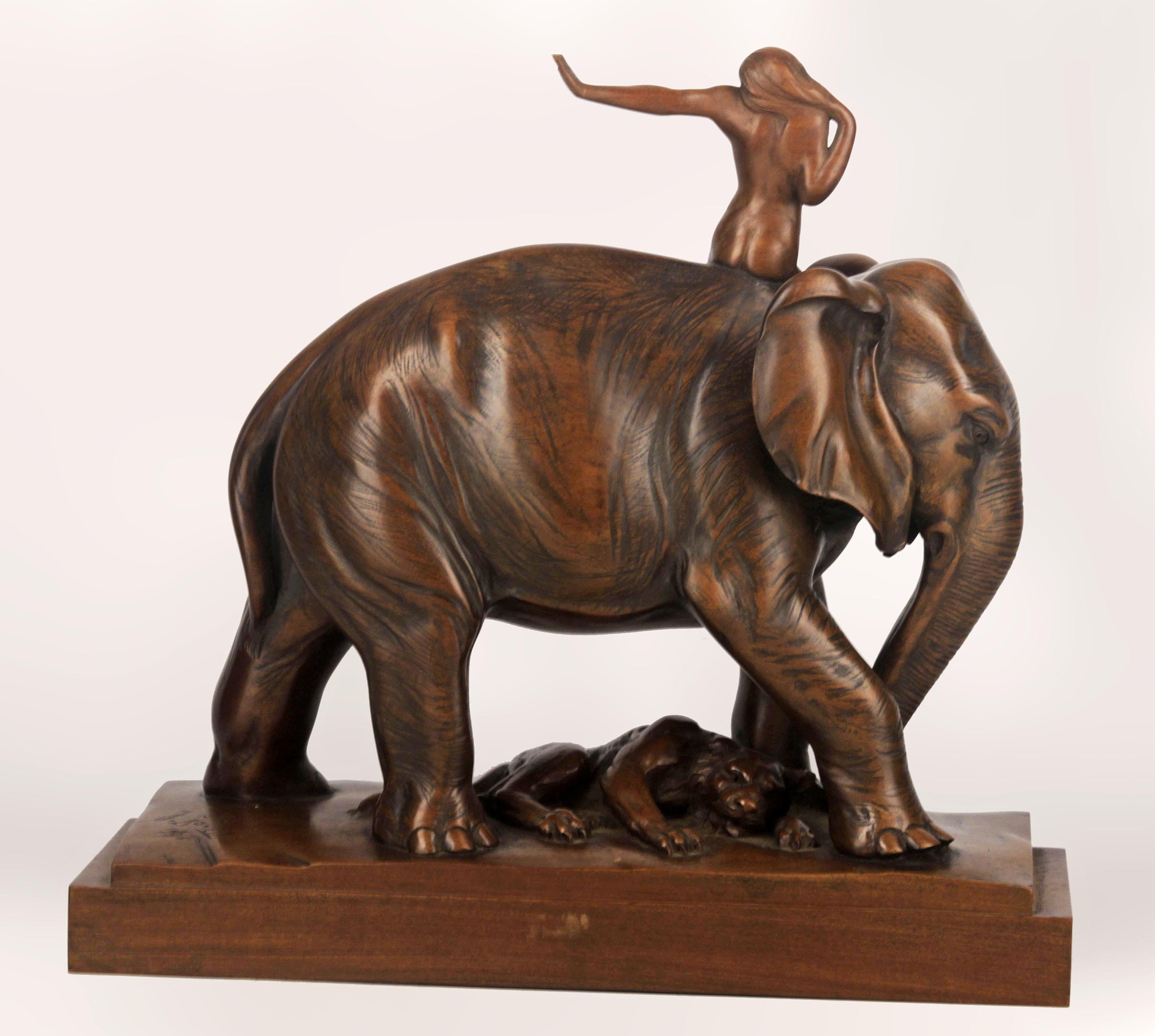 Art Deco African Elephant, Tiger and Woman Rider Varnished Wood Sculpture by J. Zanetti For Sale