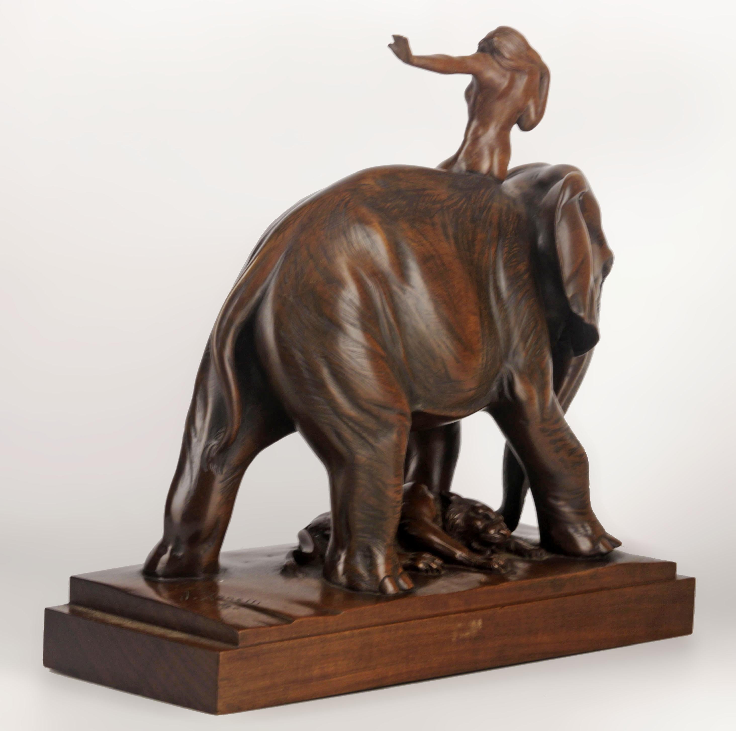 South African African Elephant, Tiger and Woman Rider Varnished Wood Sculpture by J. Zanetti For Sale